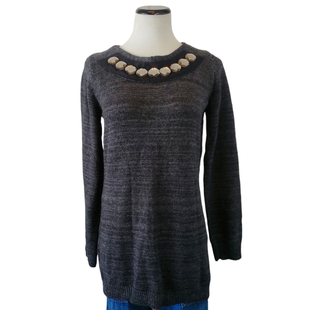 🔥VERA WANG‎  Simply Vera Gray Rhinestone Long Scoop Neck Dressy Sweater Women M